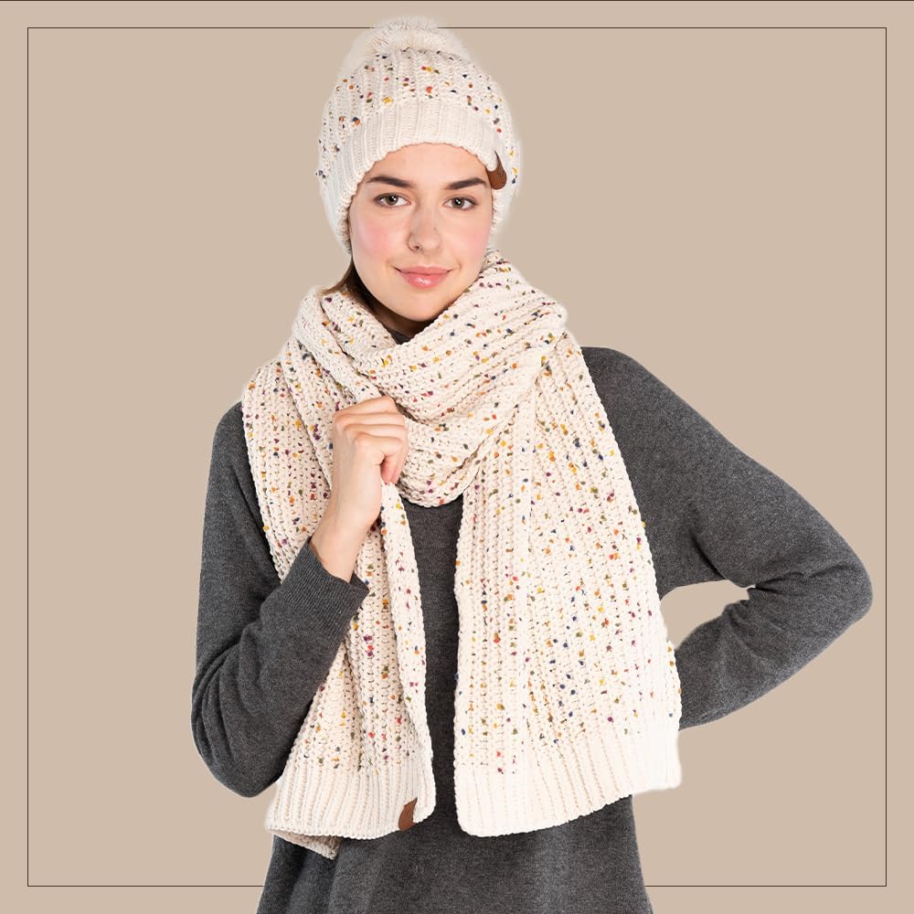 C.C Cable Knit Beanie and Scarf Set, Colorful Confetti Pattern, Winter Accessories - Image 2