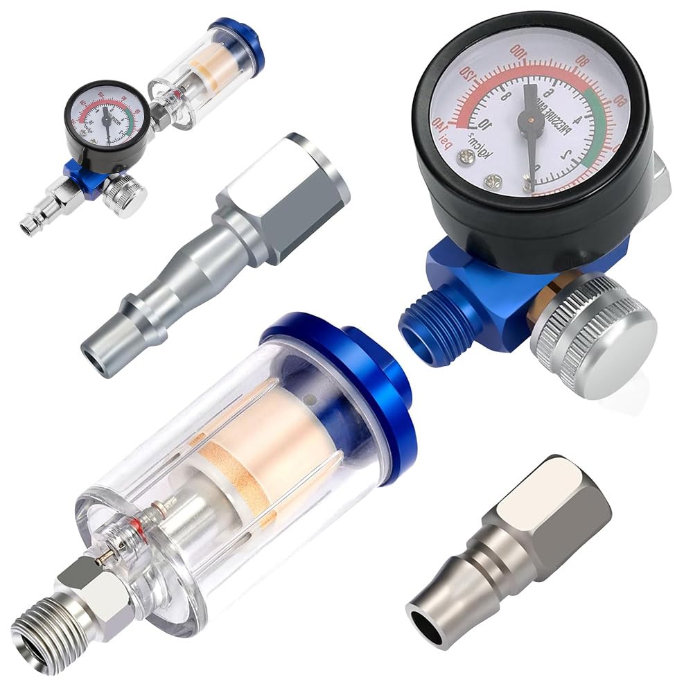 SKJJM Air Compressor Regulator Spray Gun Filter, 1/4 Line Air Filter & Air Pressure Regulator Combination Tool Kit, Air Compressor Water Trap, Airline Air Compressor Water Trap Filter for Spray Gun