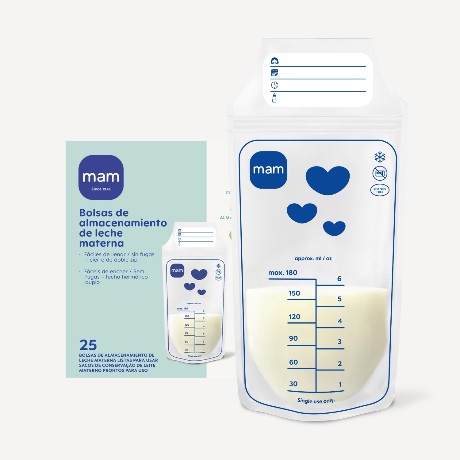 MAM Breast Milk Storage Bags, 180ml Capacity, Fridge and Freezer Safe, Allows Vertical or Horizontal Storage, Easy to Fill, No Leak, 25 Count