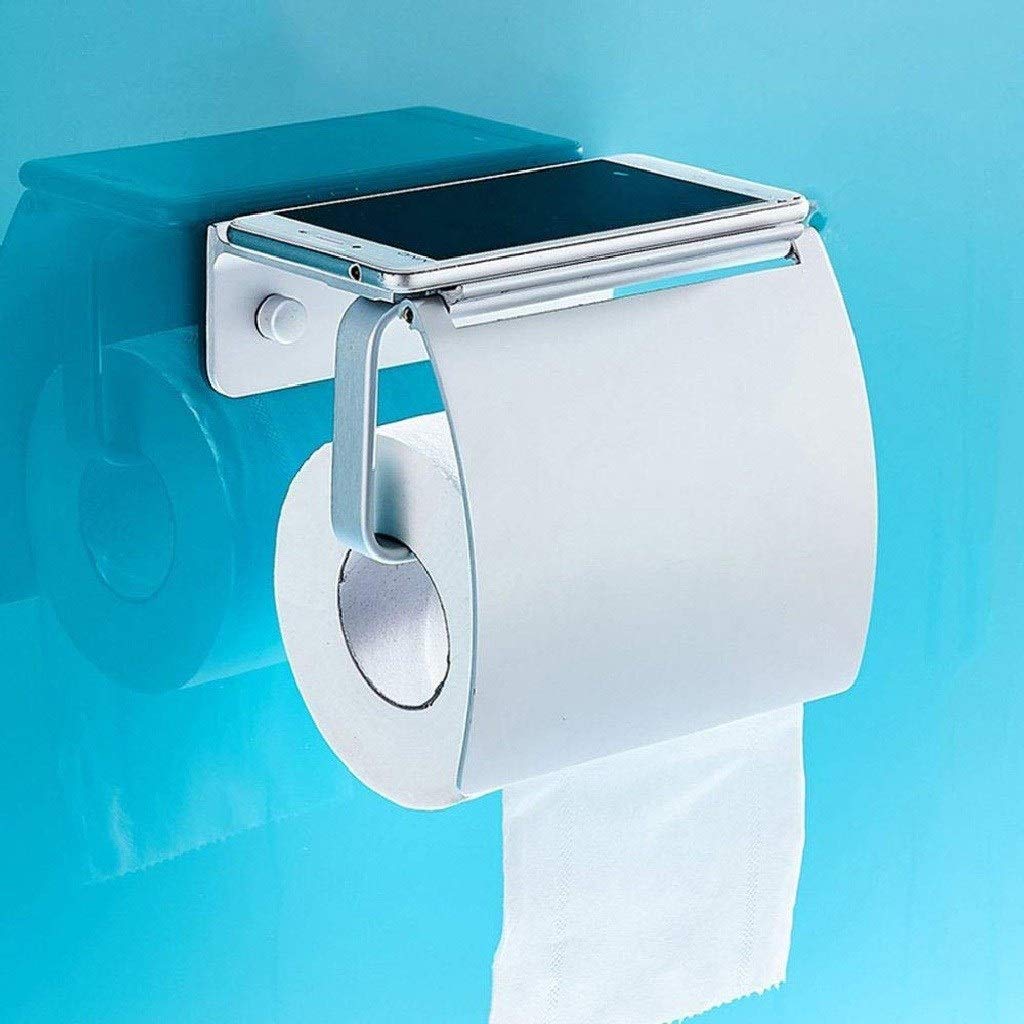 Stały uchwyt na papier toaletowy, Toilet Paper Holder With Shelf Wall Mounted Space Aluminum Silver 14x12.5x9cm