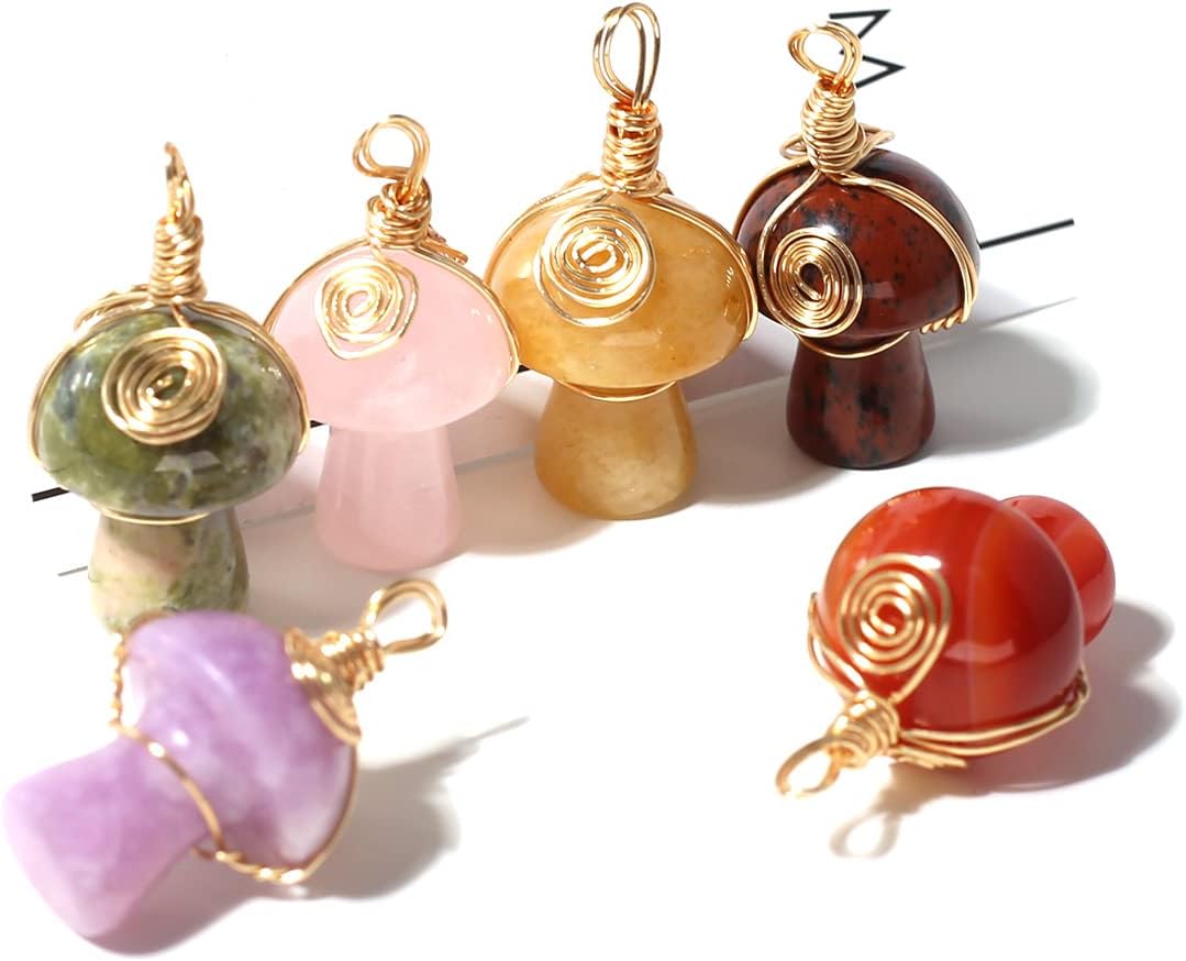 LHJ 10 Pcs Natural Stone Pendants Mushroom Shape Chakra Crystal Agate Stone Copper Wire Knitting Charms for Jewelry Making Necklace