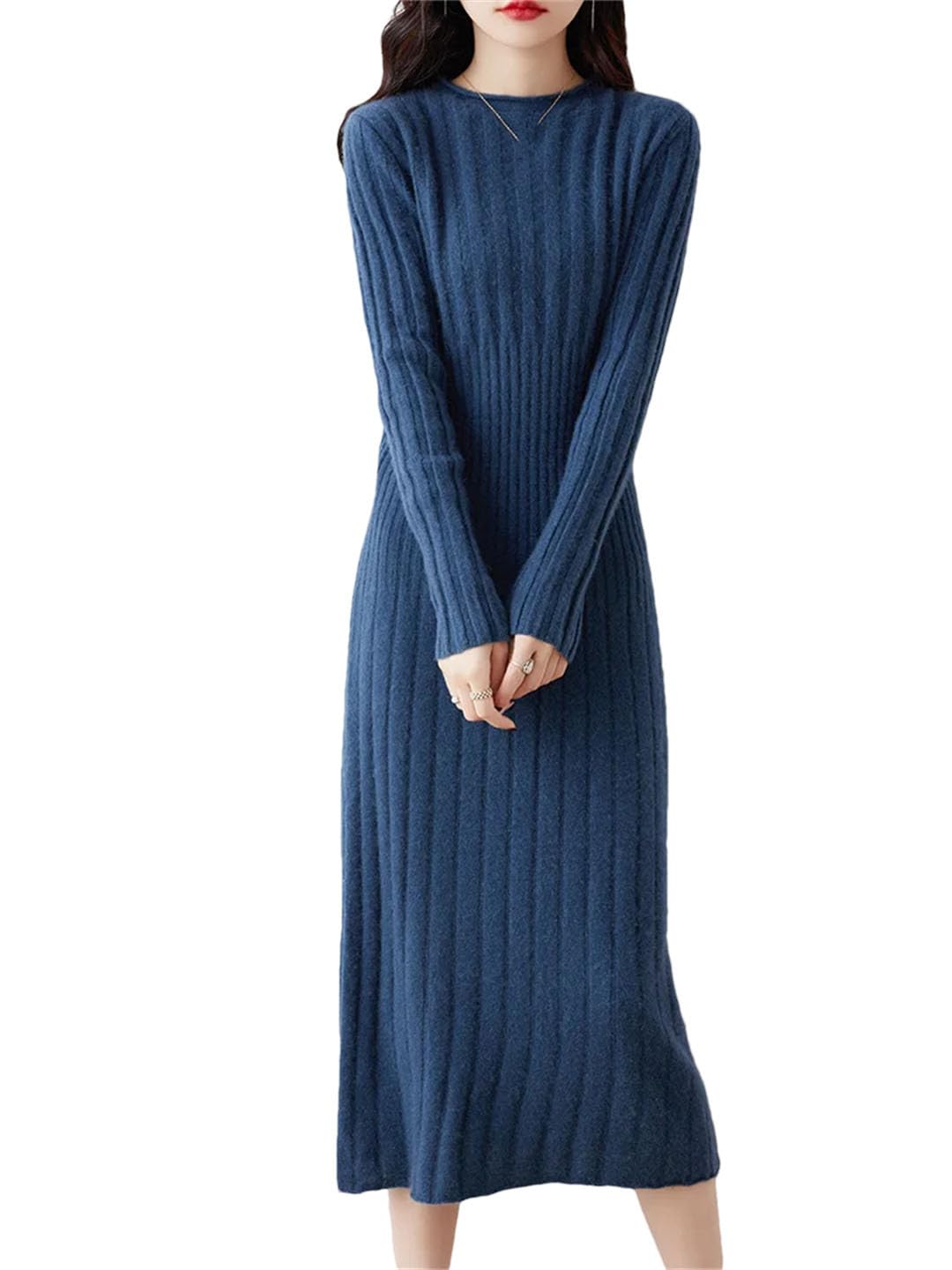 Pegsmio Elegant Womens Winter Cashmere Dresses O-Neck Wool Dresses