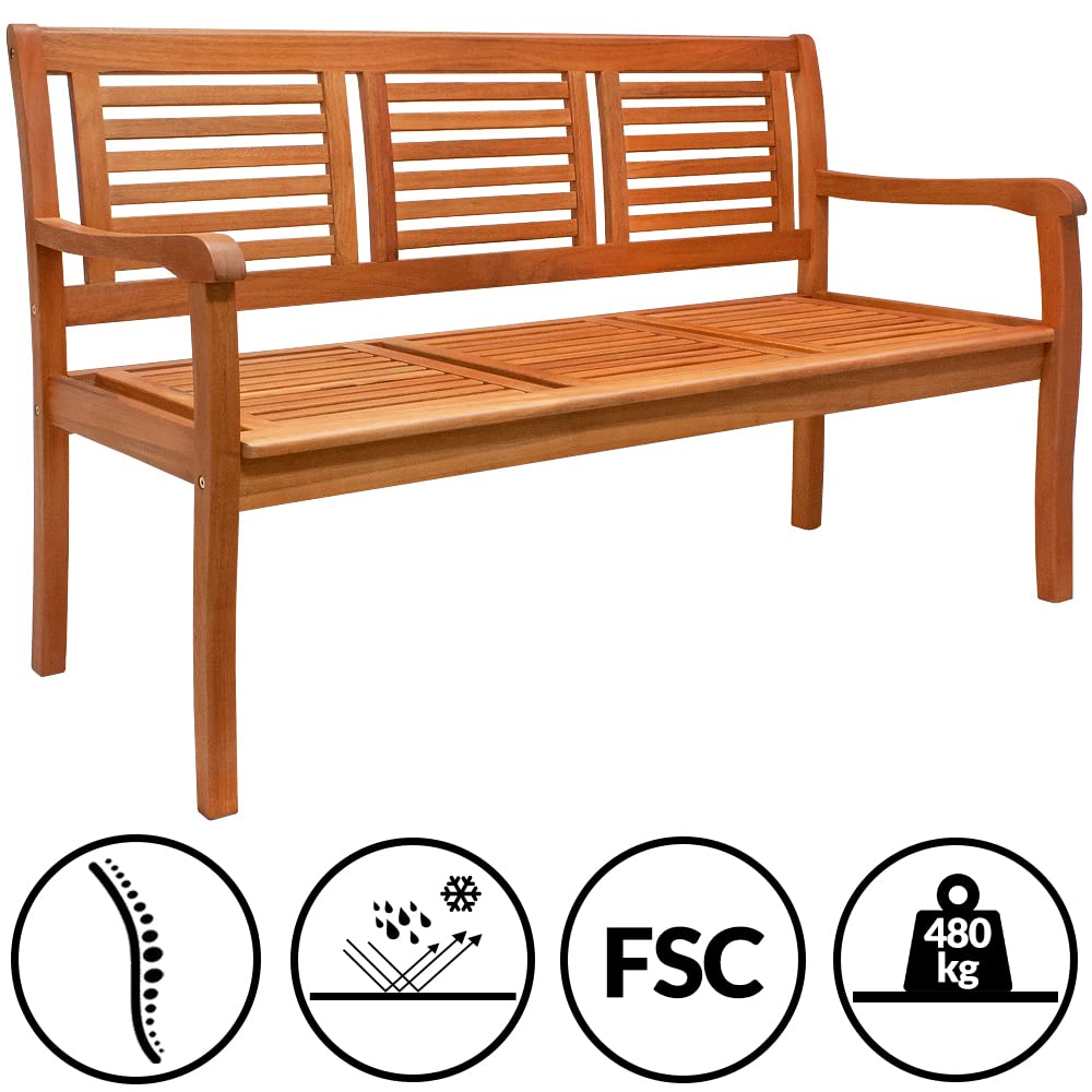 CASARIA Banco de Jardín Exterior Madera Certificación FSC | Resistente Intemperie, Estable, Robusto, Carga hasta 480Kg, 153x60cm, Preaceitado, Fácil Limpiar, Marrón, Balcón, Terraza