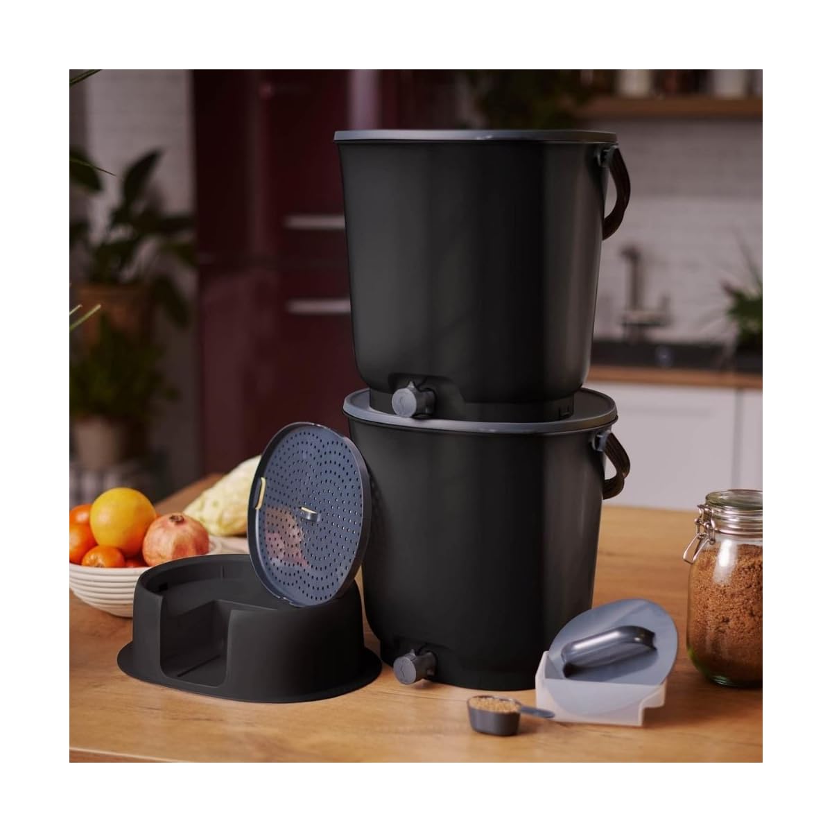 Skaza- Composteur de Cuisine en Plastique Recyclé - BOEssential Set+Base 15,3L Noir et Gris