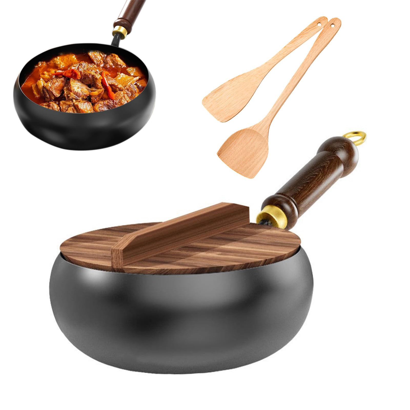 Padella Giapponese in Ferro Forgiato a Mano 24cm, Ferro Puro, Senza Rivestimento & Antiaderente Naturale, con Coperchio in Legno e Spatola, Adatta per Induzione, Gas ed Elettrico