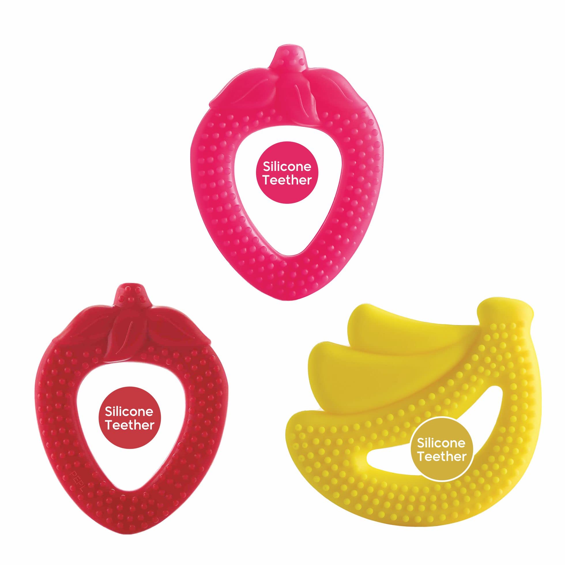 BeeBaby Fruit Shape Soft Silicone Teethers Combo of 3 with Carrying case. 100% BPA-Free. 100% Food Grade. (Pink Strawberry, Yellow Banana & Red Strawberry) 3 Months +-image-35
