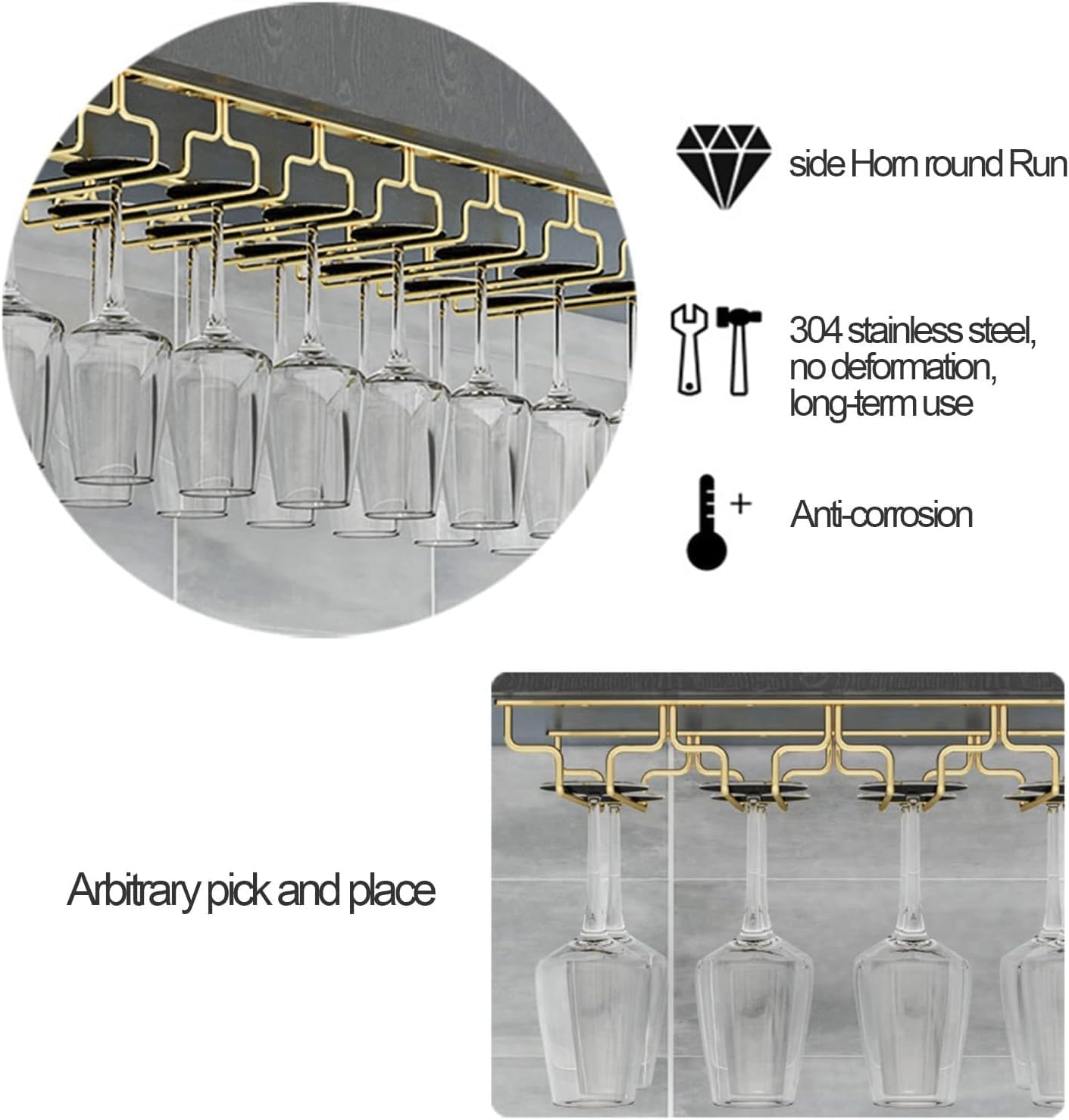 Gold Wine Glass Rack Hanging Metal 304 Stainless Steel Under Cabinet Shelf Stemware Racks Wine Champagne Goblets Holder for Kitchen Bar Pub Burgundy,Gold 68.5x28x5.5cm