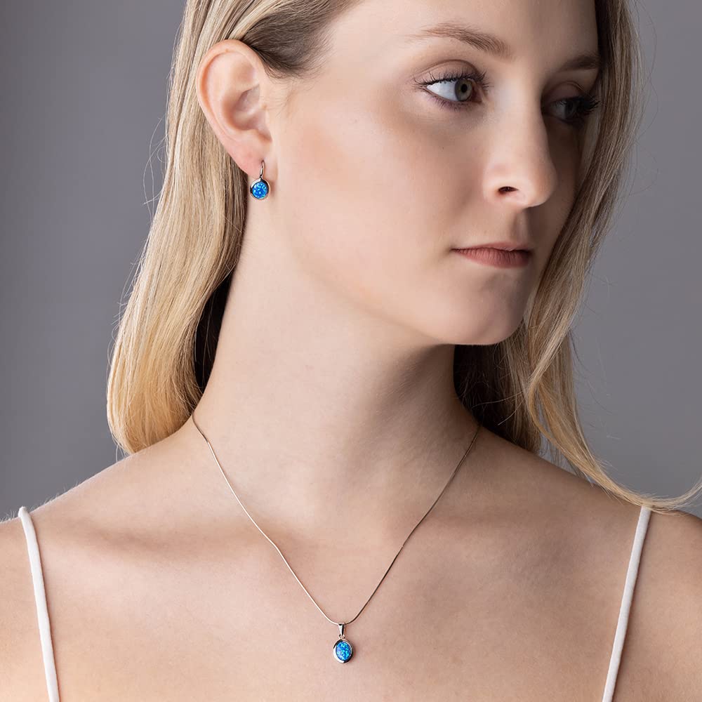 SILVEGO Set di gioielli da donna in argento sterling 925 ovale con orecchini e ciondolo sintetico di opale blu, Oro bianco Metallo