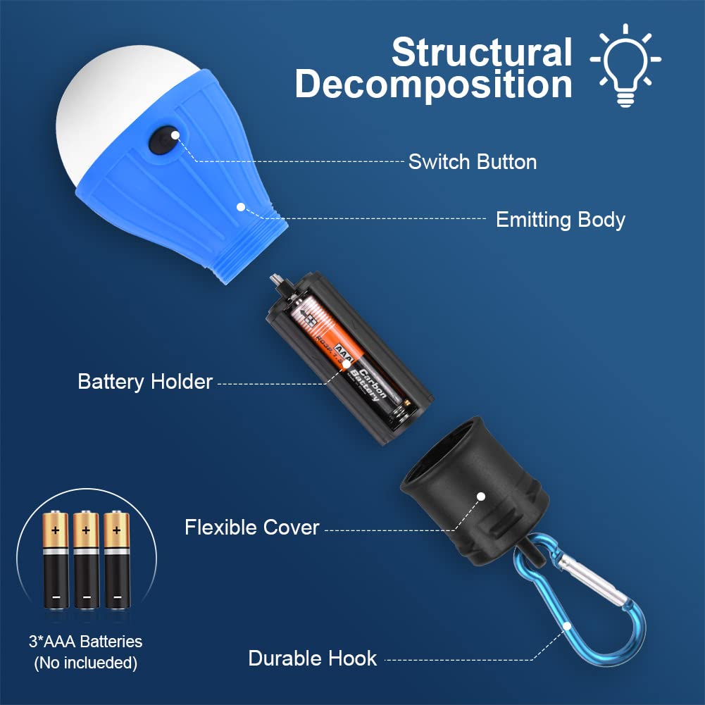 Flintronic 4 Piezas LED Lámpara Camping, Bombillas LED de Camping con Mosquetón, Mosquetón Camping LED Lámpara para Pesca, Luz Tienda de Campaña Emergencia Exterior para Caza, Senderismo, Montañismo