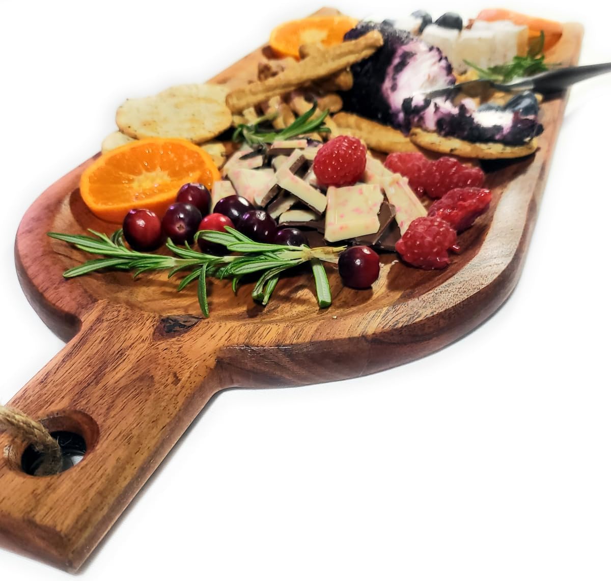 Acacia Charcuterie Board with Drip Edge & Handle - Wood Cheese Board - Decorative Wooden Serving & Cutting Board - Housewarming, Mothers Day, New Home & Wedding Gifts (20” x 8”) - Image 6