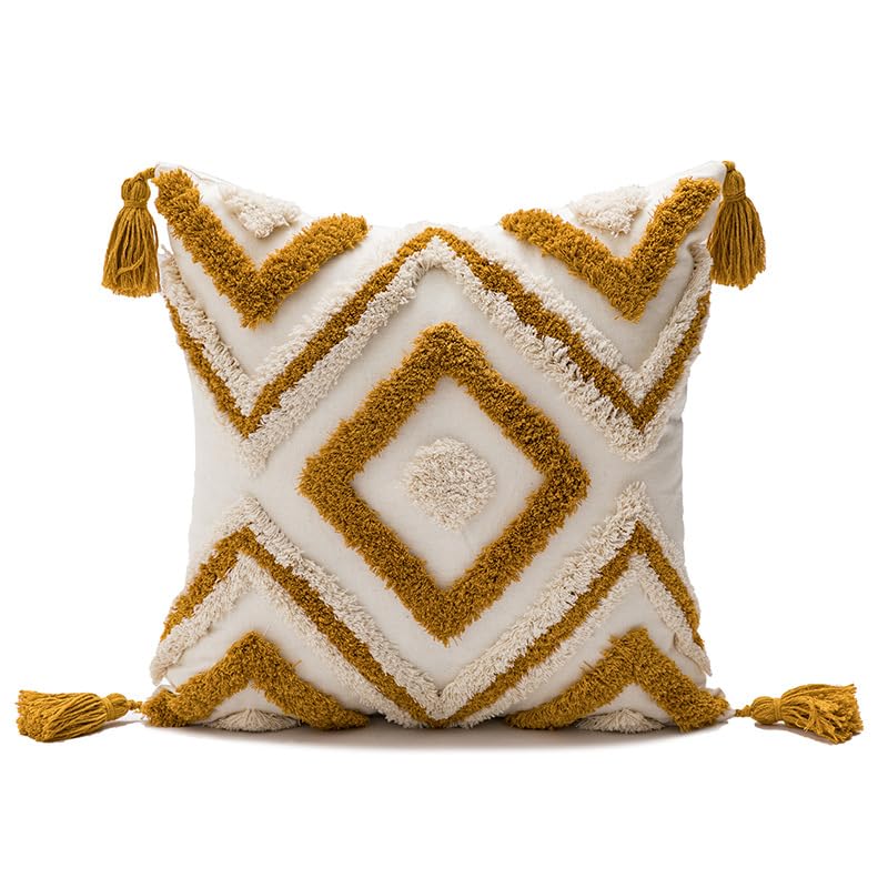 Housse de coussin touffetée bohème Xiao Hua en toile de coton jaune avec pompons 45x45 cm