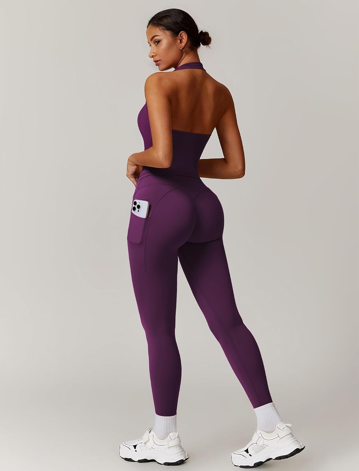 RXRXCOCO Open Back Workout Sets for Women 2 Piece Halter Tank Tops Hidden Scrunch Leggings Matching Set with Pockets - Image 3