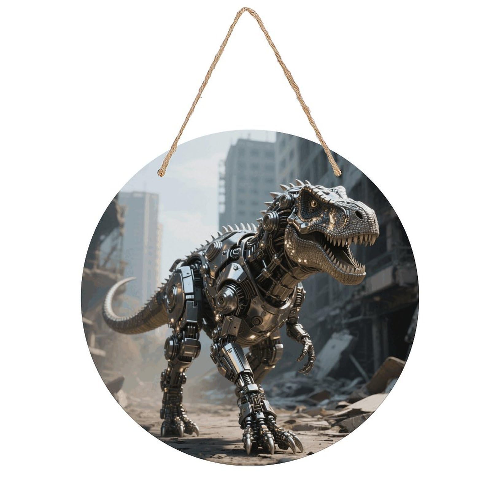 VstaDank A Mechanical Dinosaur in A Ruined City Wall Decor Round Wood Hanging Sign 7.9x7.9 in Wooden Circle Door Hanger with Ropes, Rustic Wall Art Decor for Home Front Door Indoor Outdoor Decoration