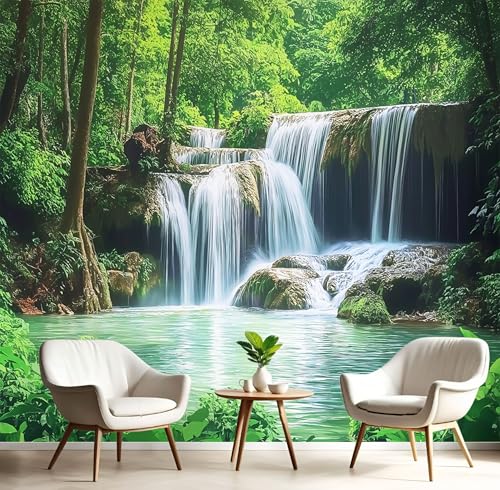 Tapisserie murale photo paysage de forêt avec cascade et lac vert émeraude 300X210cm - 2