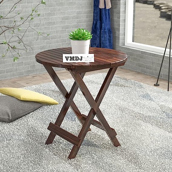 VMD Solid Sheesham Wood Foldable Table Outdoor Table, Coffee Table, Cafe Table, Wooden Table (Round/Color Brown, Size - 23x23.5 inch)