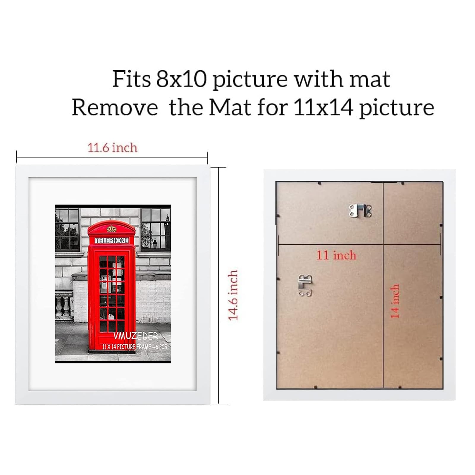 VMUZEDER 11x14 Picture Frame Rustic White Set of 6,Display Pictures 8x10 with Mat or 11x14 Without Mat,Multi Photo Frames Collage for Wall or Tabletop Display
