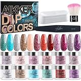 Aikker 12 Glitter Color Dip Powder Nail Kit Gift Set with Recycling Tray Brush File for Winter Party AK16