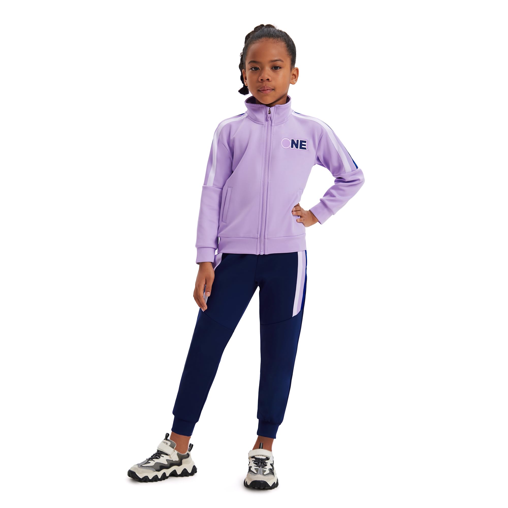 2Pack Mädchen Kinder Outfits Trainingsanzug Set gestreift Bomber Brief drucken Zip Up Crop Top Langarm mit Taschen unten Sport authentisch Jogger Kordelzug Hose für Alter 4-15 Jahre