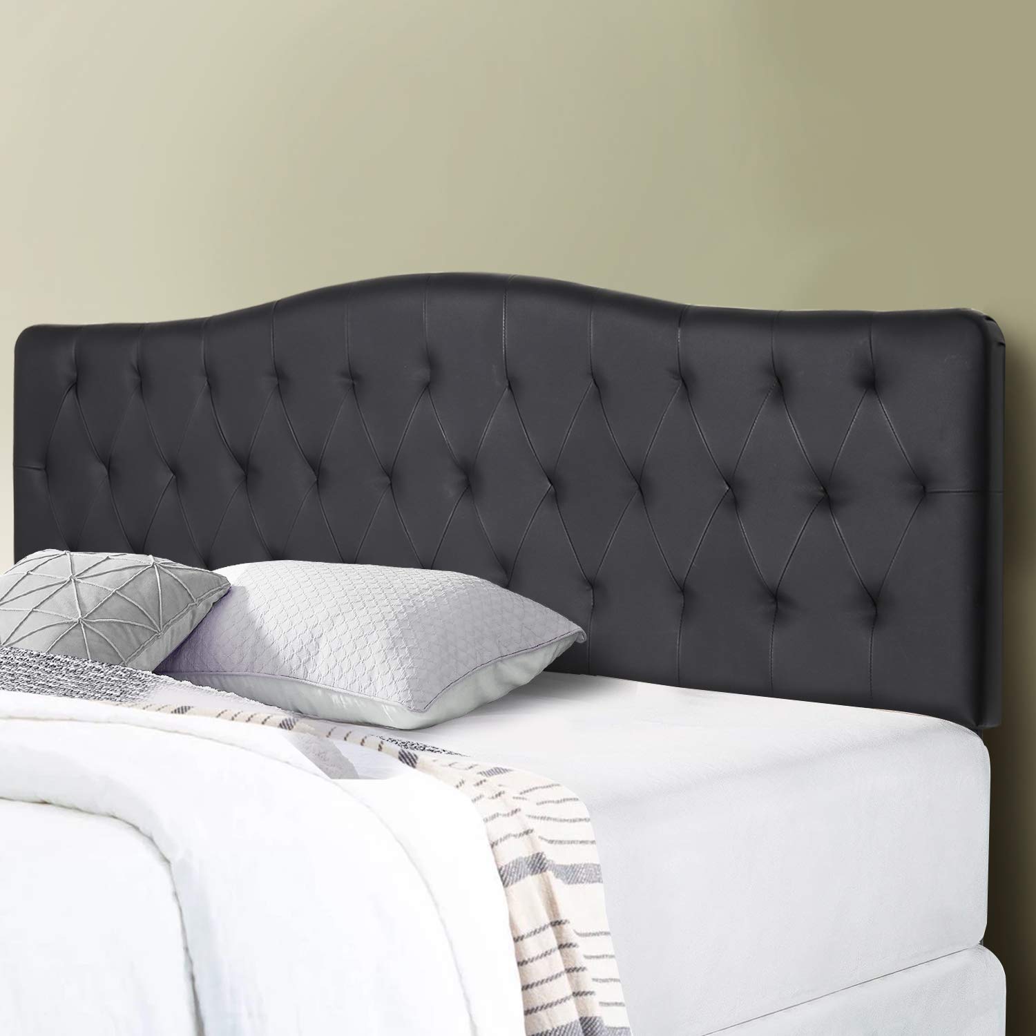VECELO Faux Leather Headboard Black Upholstered Heaboards Diamond Tufted Modern Bed Backboard, King Size, King/Cal King