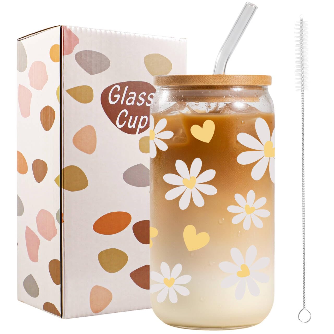 Bliceon Daisy Ice Coffee Cup, Sunflower Gifts for Women Girls, 16oz Cute Glass Cups with Lids and Straws for Birthdays, Thanks Gift, Sister, Best Friend, Cocktails, Summer Party