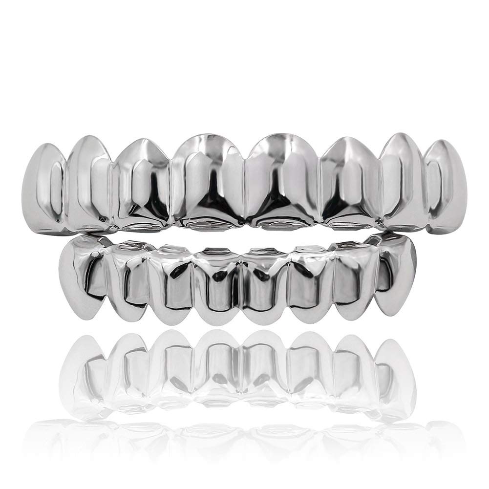 Tooth Cap Gap Grillz for Men - Diamond 14K Gold/Silver Plated Iced Out Single Teeth Grills for Hip Hop Rapper Costume Silver4