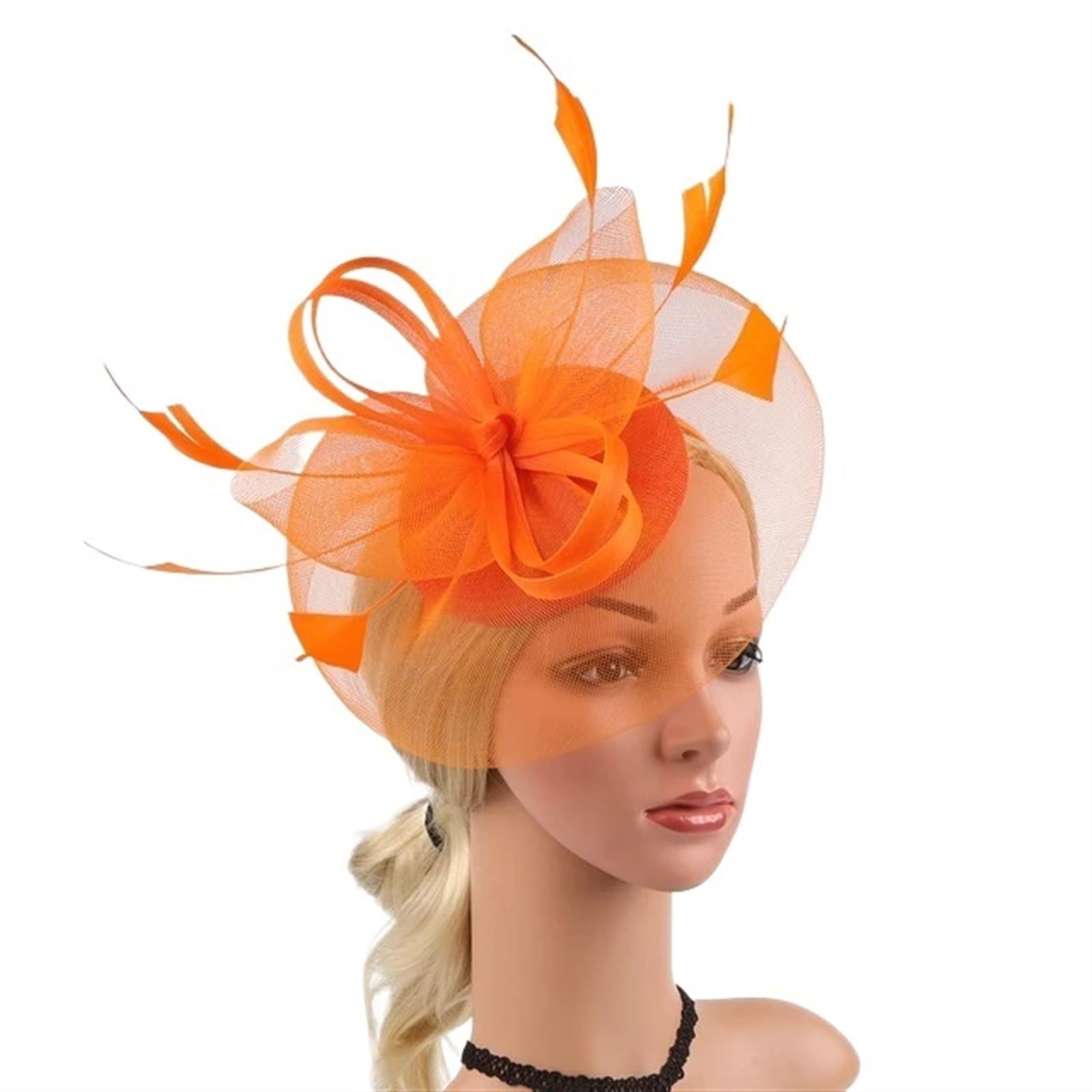 UALXPAO Wedding Hats Women's Fascinator Hat With Feather Mesh Tea Party Hats for Tea Party,Weddings(Orange)