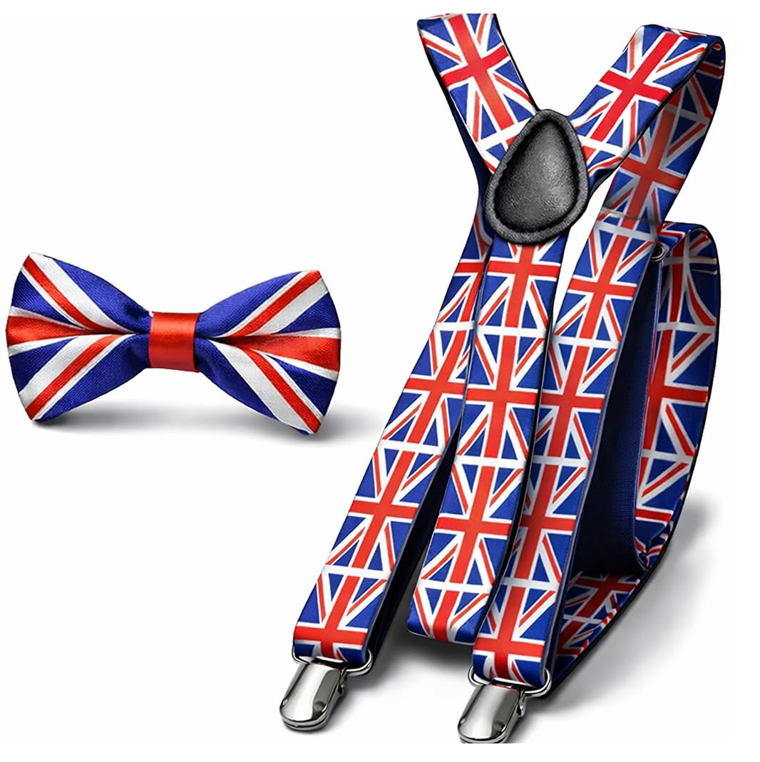 L&L® Men's Matching Union Jack UK American Flag Suspenders Braces & Pre-Tied Bow Tie Combo Sets Fancy Costume (Union Jack Bowtie+Braces set)