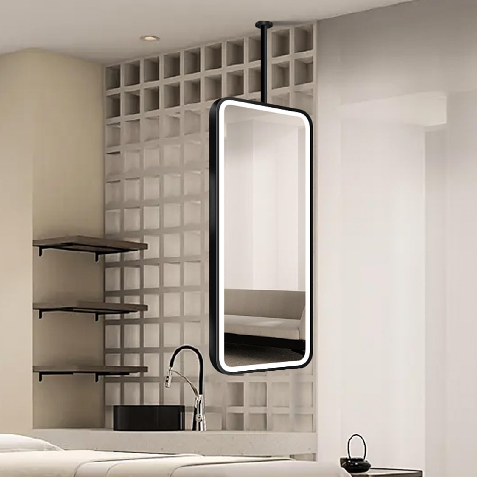 ITOSUI Ceiling Mounted Mirror with LED, Rectangular Hanging Mirror HD Mirrors for Wall Decor Home Vanity Makeup Shaving Mirrors, 3 Colours Adjustable Light, Black(40cmx60cm)