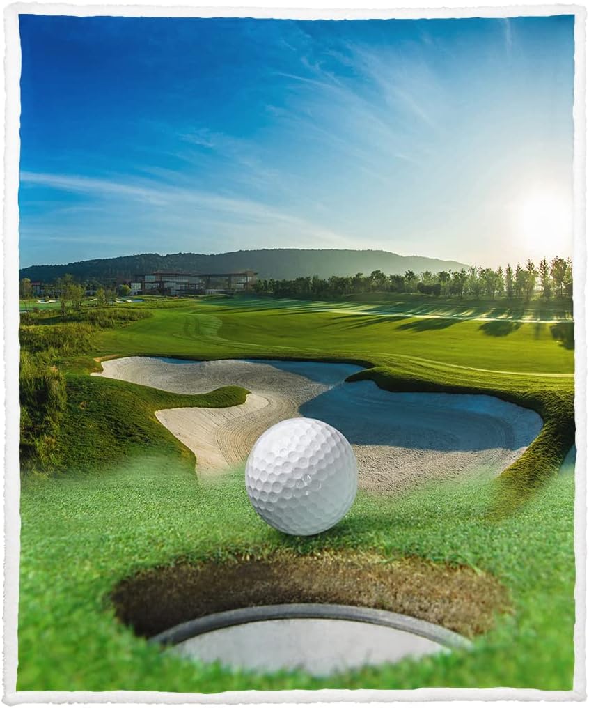 SXCHEN Sherpa Fleece Blanket Throw for Couch Bed Warm Soft Comfy Heavy Thick Fluffy Blankets for Winter Throws with Golf Course Beautiful Sky Hole Bunker,60 x 80 inches