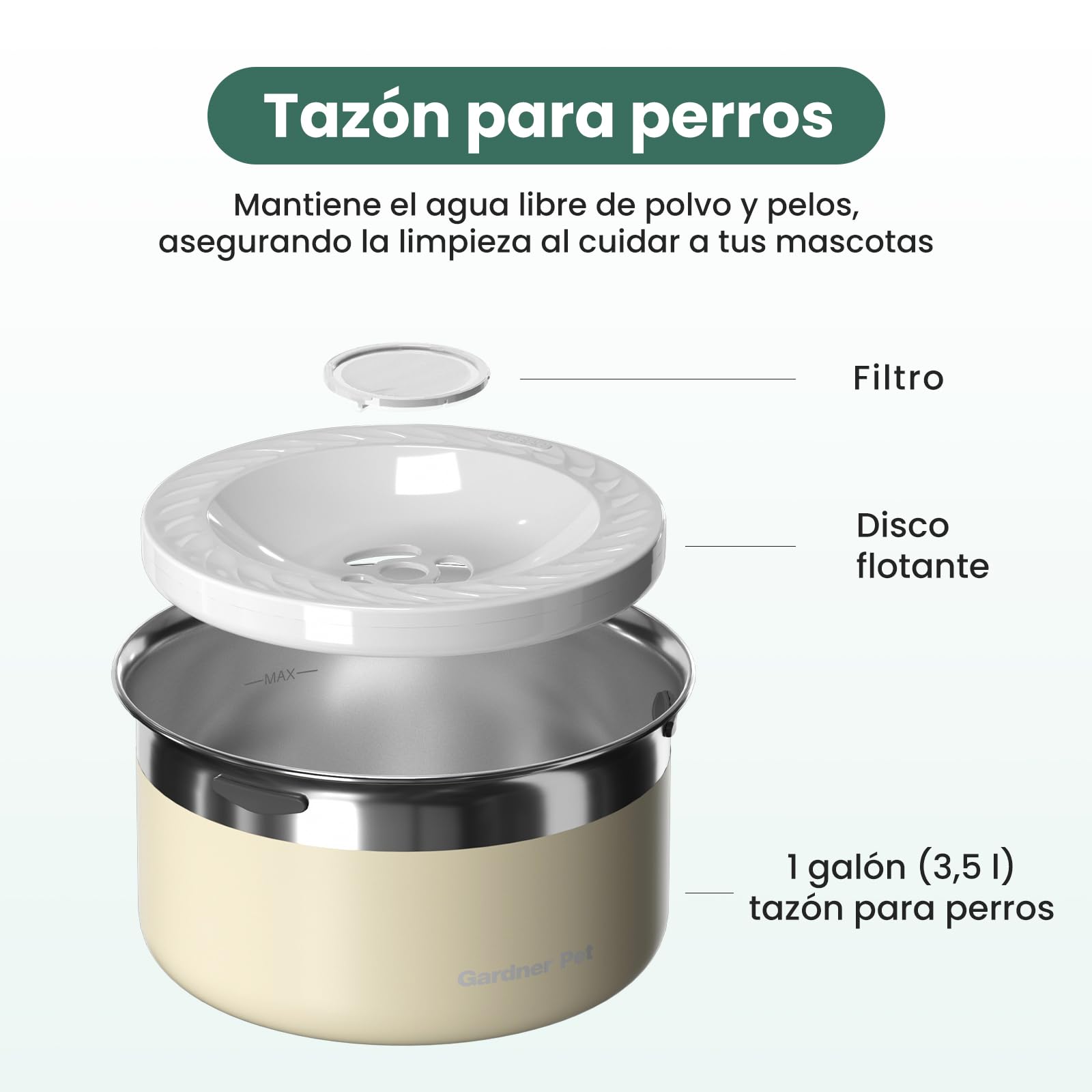 Gardner Pet Cuenco Agua Perro Antigoteo, 3,85L Cuenco para Perros de Acero Inoxidable a Prueba de Derrames, Antiatranque para Perros de Tamaño Grande, Adecuado para Interior y Exterior, Blanco