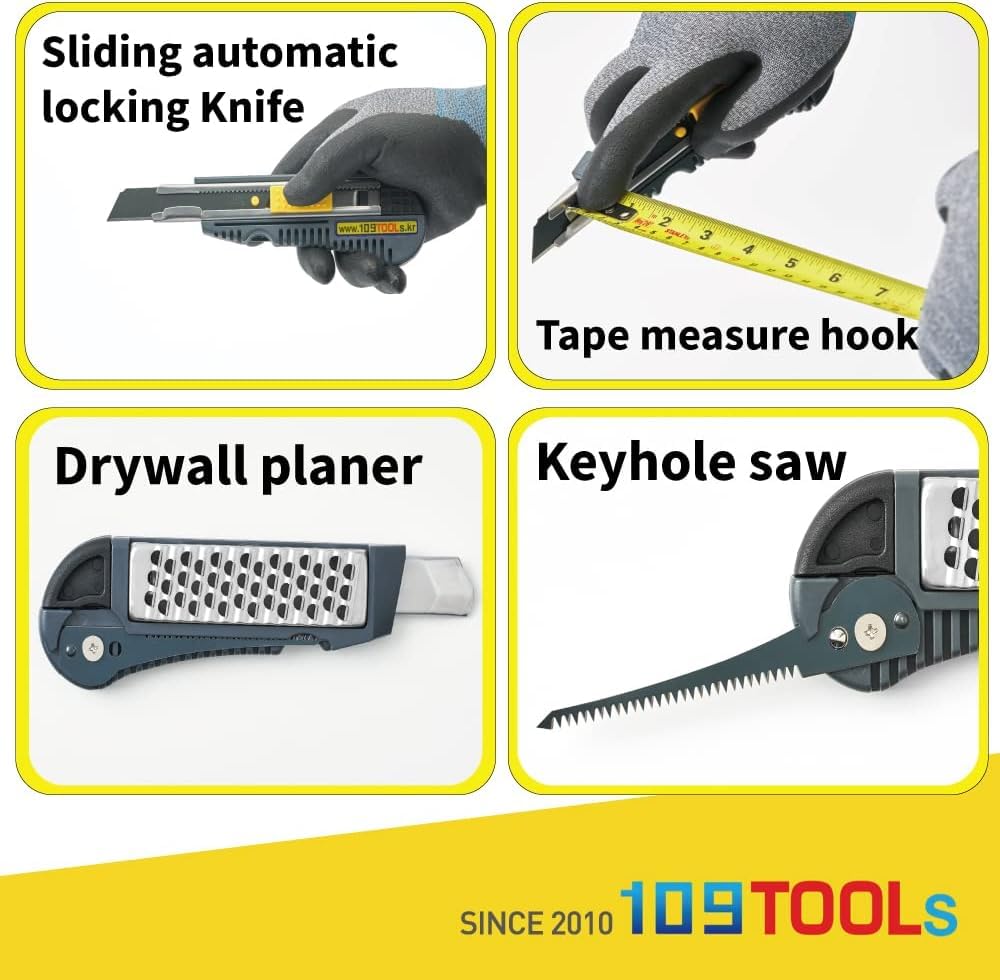 Drywall 4-in-1 Multi Tool, Cutter with Tape Measure Hook, Planer and Keyhole Saw, Green and Silver - Image 2