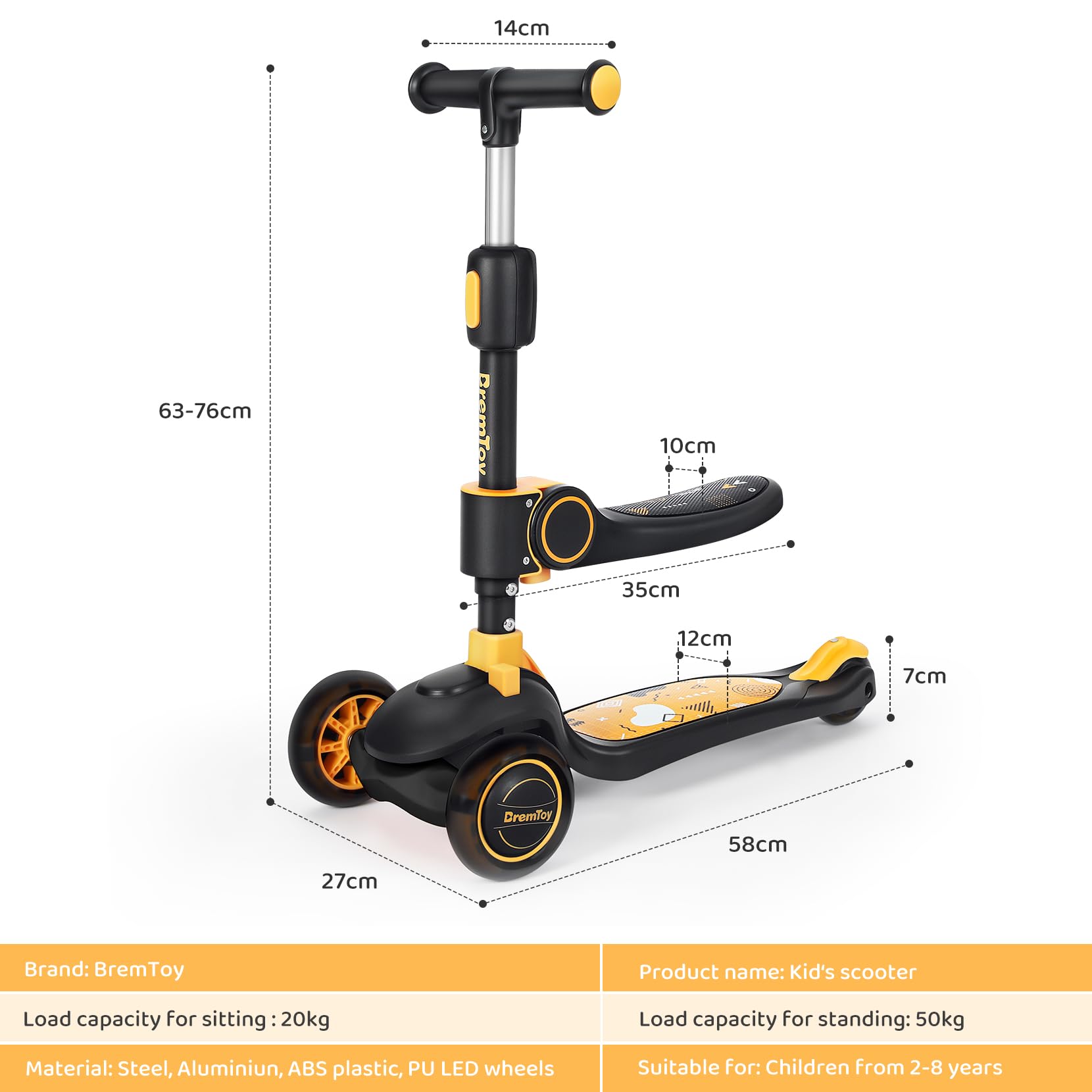 BremToy Monopattino Bambini con Sedile, Monopattino Pieghevole con 3 Ruote LED Luce, Altezza Regolabile per Bambini 2-8 Anni, Carico 50 kg