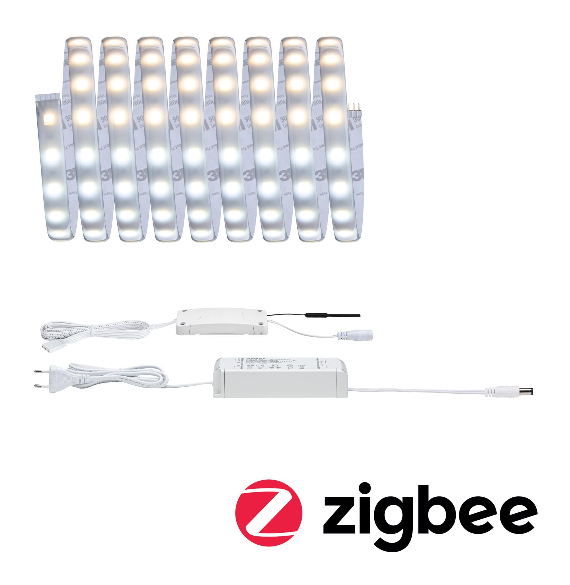Paulmann 78872 Strip LED MaxLED 500 set básico SmartHomeZigbee TunableWhite 3m IP44 17W 230/24V 1530lm plateado, tira luz LED, resistente salpicaduras