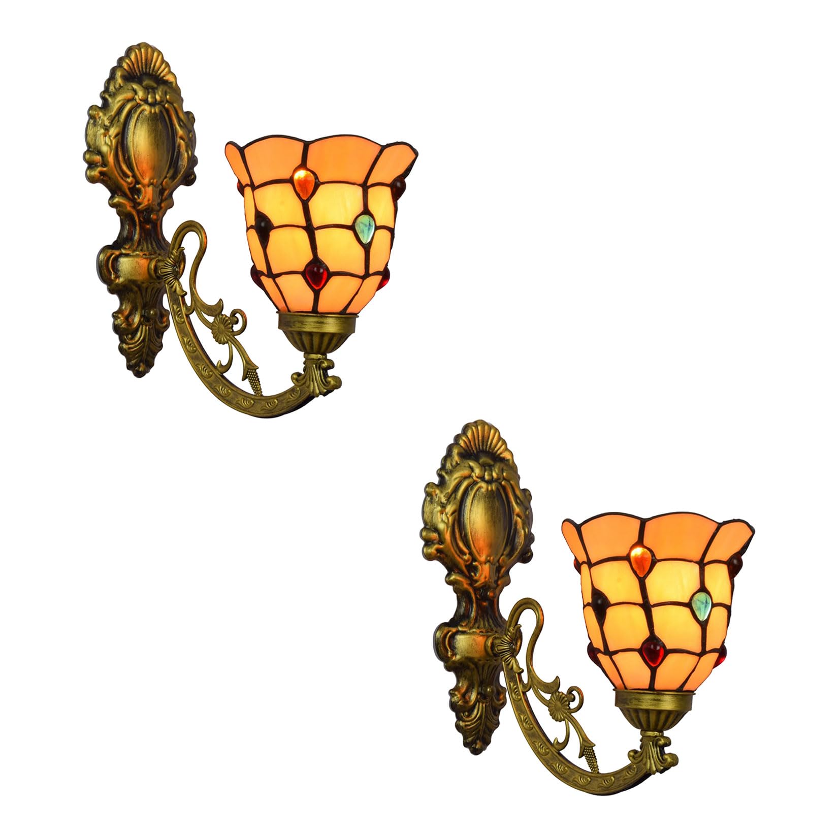 NHPJFDC Tiffany Style Wall Sconce, Stained Glass Bedside Set of 2 Wall Lights for Bathroom Living Room Kitchen Cinema Hallway Reading Room Bars Wall Lamp,Orange