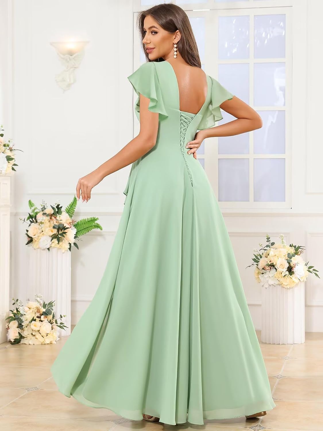 Chiffon Bridesmaid Dresses for Women Ruffle Corset Long Square Neck Formal Evening Dress with Sleeves Slit