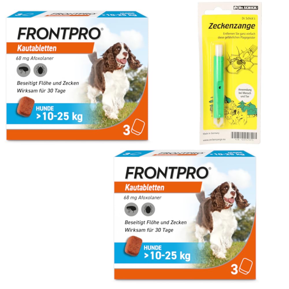 FRONTPRO Kautabletten für Hunde 10-25 kg 6-Monats-Set zum Schutz gegen Zecken und Flöhe mit Zeckenzange: Schützt bis zu 6 Monate