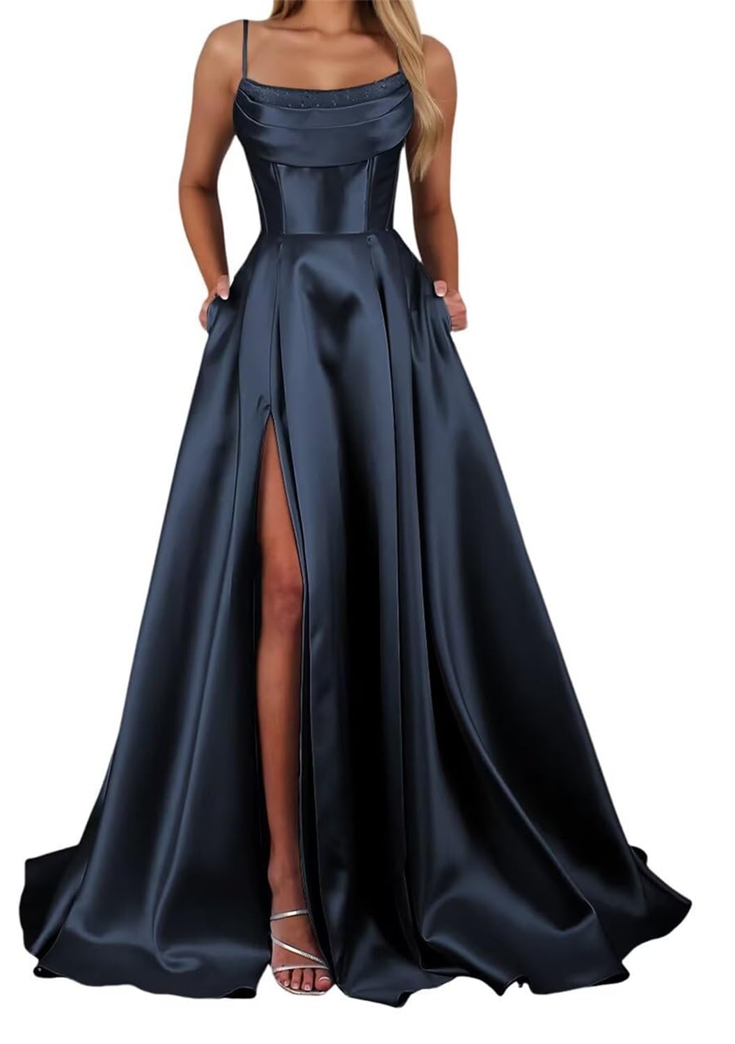 Yiann Women's Navy Blue Prom Dresses For Spaghetti Strap Satin Formal Wedding Guest Dress Long Ball Gown Uk10