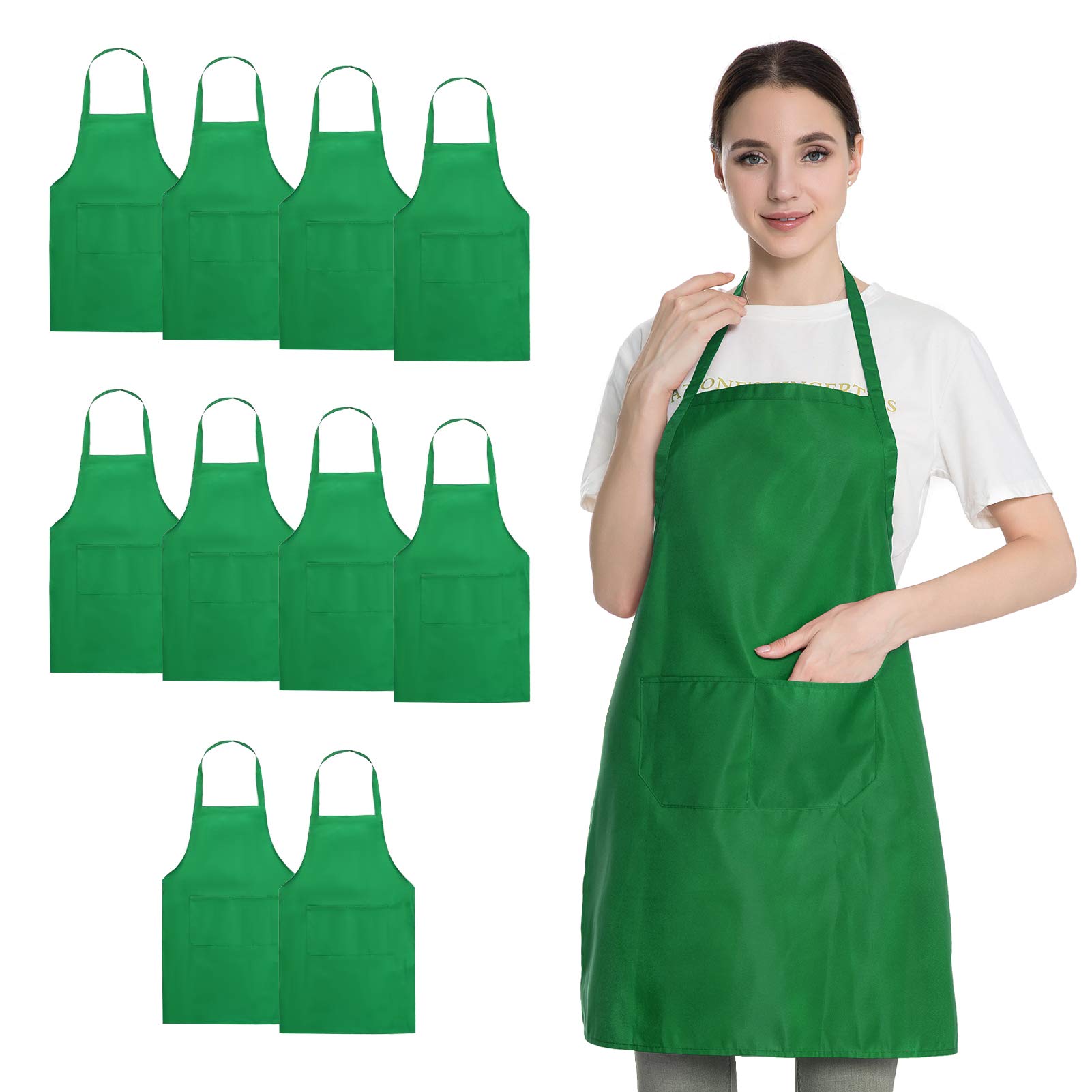 Hi loyaya 10 Pack Green Aprons Bulk for Women Men, Painting Baking Grilling BBQ Art Artist Cooking Kitchen Bib Apron with Pockets (10, Green)