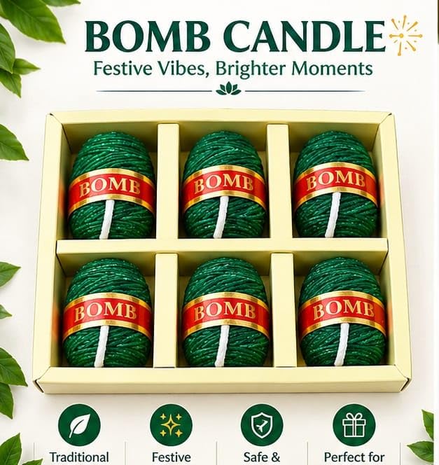Image of Sutli Bomb Shaped Decorative Candles for Diwali Decoration (Pack of 6) | Festive Green Cracker Design Wax Candles | Home Decor, Pooja, Diwali Gift, Party & Festival Decoration