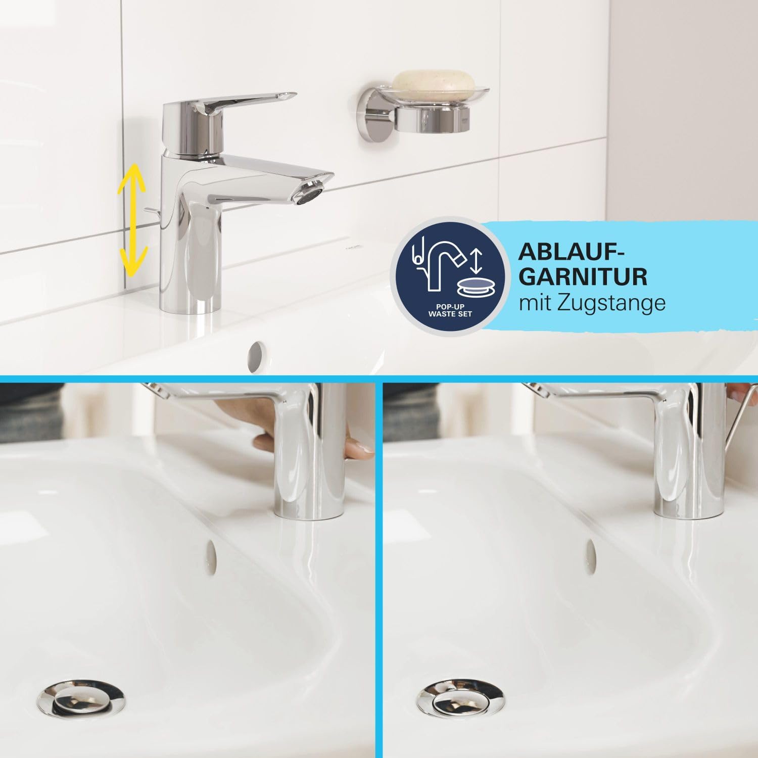 GROHE Start, Waschtischarmatur hoch, wassersparend (Wasserhahn für das Bad, schwenkbar, Zugstangen-Ablauf, 31cm hoch, mit 3in1 Werkzeug, einfache Installation am Waschbecken), schwarz, 242032432