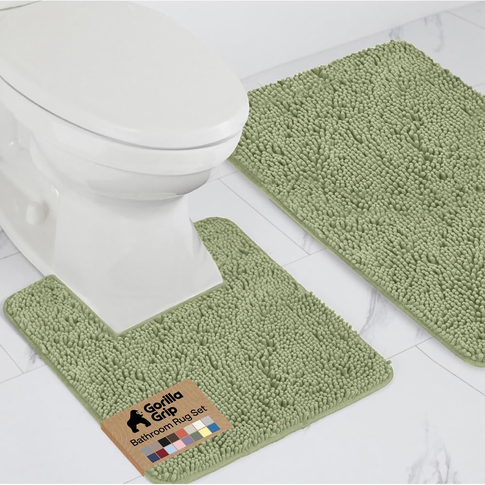 Gorilla Grip Original Shaggy Chenille 2 Piece Bath Rug Set, Includes Square U-Shape Contoured Toilet Mat & 30x20 Carpet Rug, Machine Wash/Dry Mats, Plush Rugs for Tub Shower & Bath Room, Sage Green — image 1
