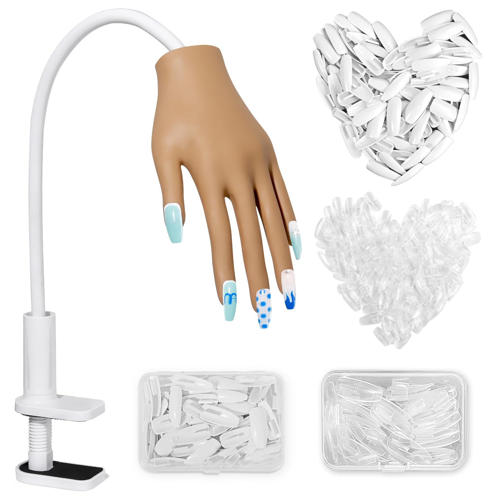 Main D'Entrainement Manucure - Silikon Main Entrainement Ongles avec 200 Pièces Faux Ongles - Flexible Fausse Main pour Ongle pour Débutants Professionnel Salon