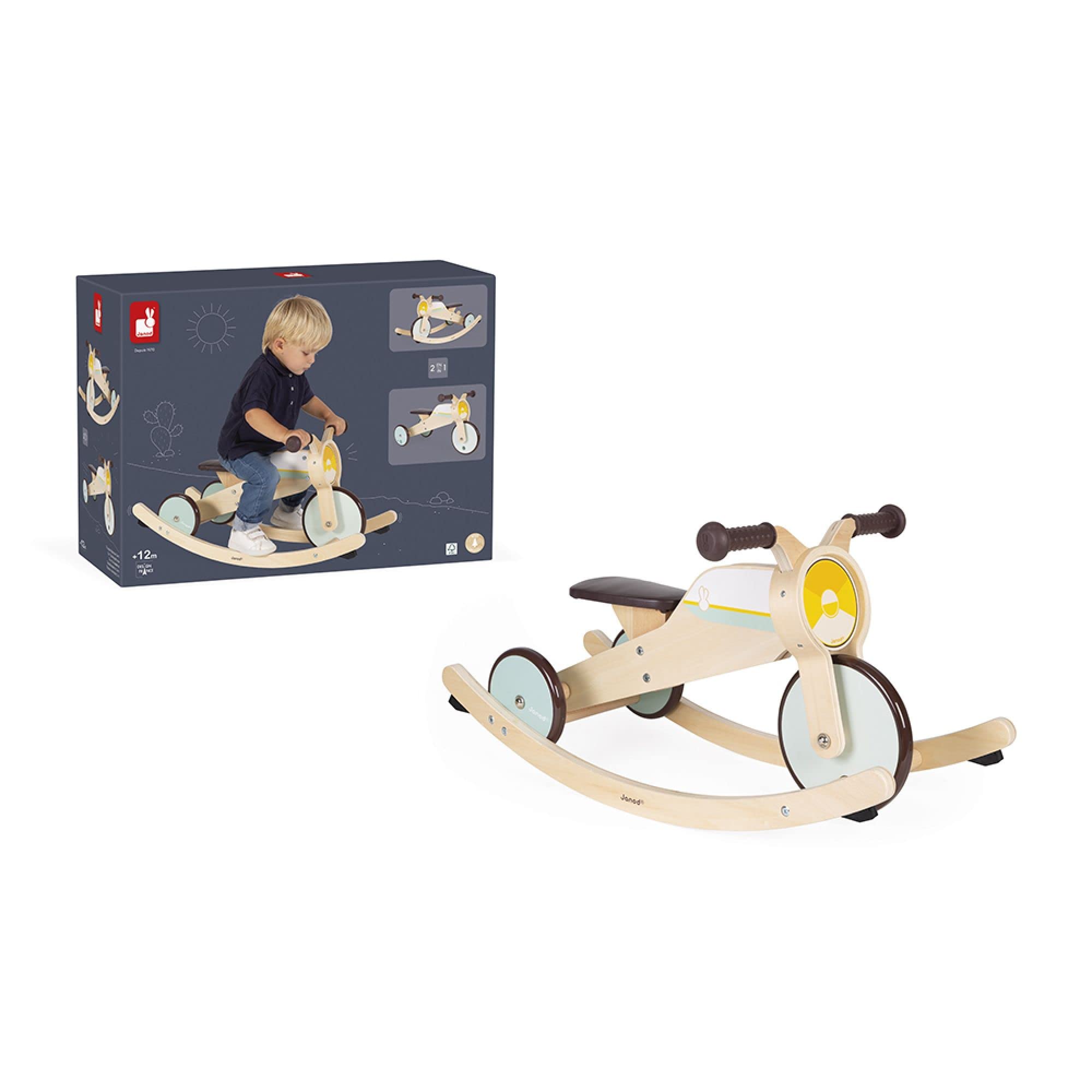 Janod - Triciclo de madera con balancín - Triciclo para bebés de la primera edad - Para desarrollar la motricidad gruesa y el sentido del equilibrio - Juguete de madera - De 12 a 36 meses, J03284