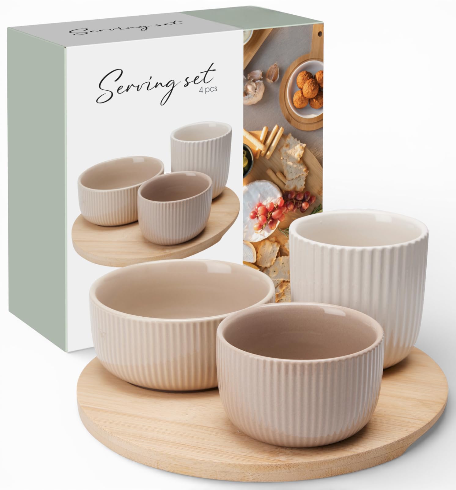 MIJOMA Set di 4 ciotole da portata – tre ciotole in pietra in grigio caldo e beige chiaro – vassoio rotondo in legno con dolce struttura scanalata – per dip, snack e tapas