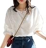 Womens Lace Blouse, All Lace Top, Shirt, White, Korean, Cute, Short Sleeve, U-Neck, Cotton, Thin, Loose, Embroidery, Small Flowers, Stylish, Balloon Sleeve, Layered, Elegant, Spring, Summer,
