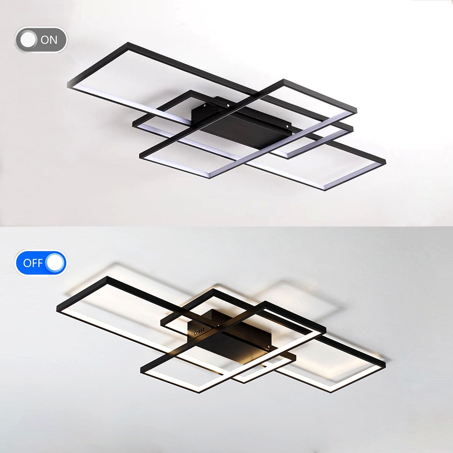 ASJK Lampadario Moderno LED Rettangolare 60W, Illuminazione a Soffitto Multifunzionale Geometrica 3000k-6000k Con Telecomando per Soggiorno (80 cm, Nero)