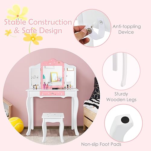 Miniatura 7 de HONEY JOY Vanity - Tocador de madera de princesa de maquillaje con taburete y cajón, espejo de tres pliegues, parte superior desmontable, juego de