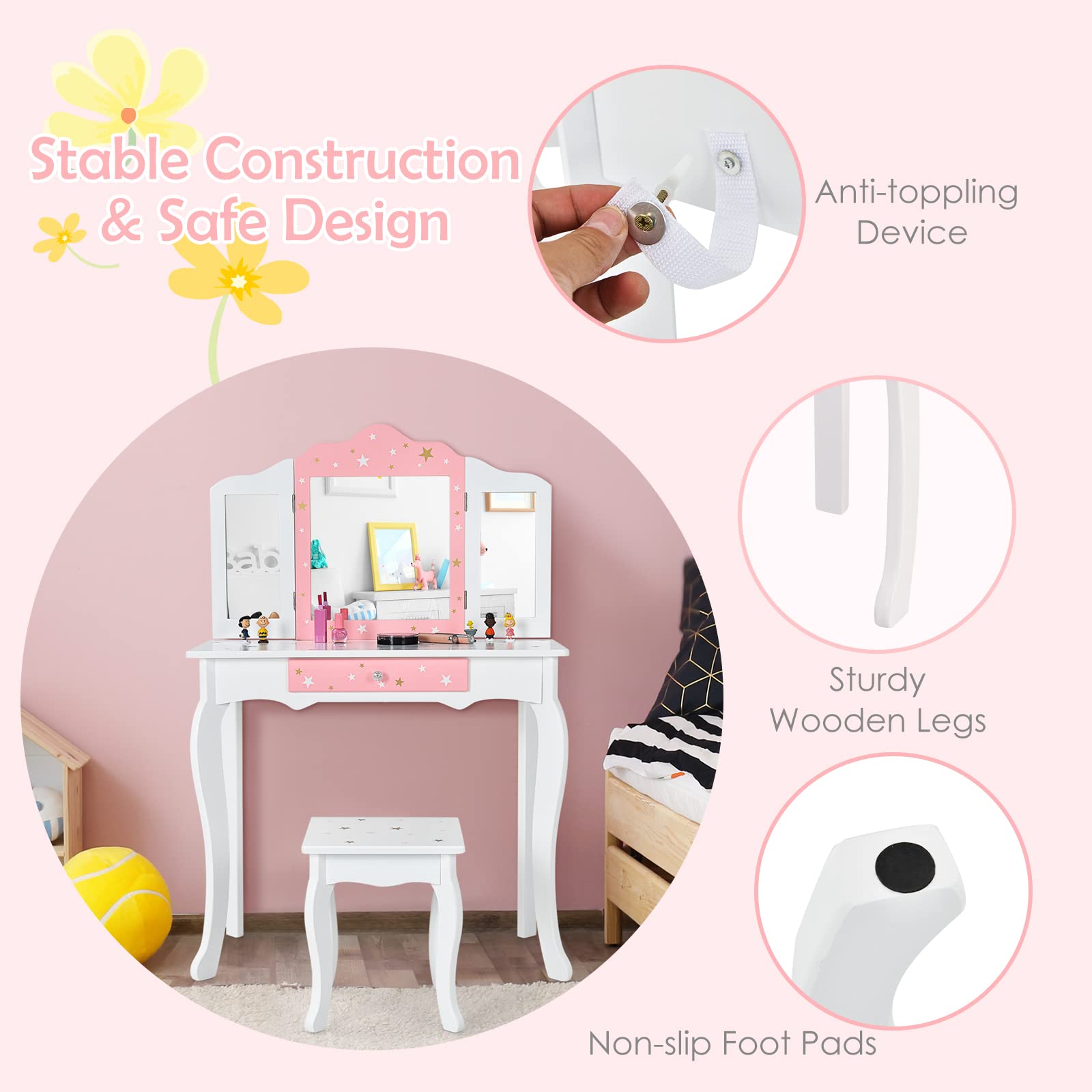 RELAX4LIFE 2 in 1 Toeletta Trucco Bambina con Specchio e Sgabello, Centro di Bellezza, Giocattolo da Trucco, Set Tavolo da Trucco in Legno per 3 4 5 6 Anni (Bianca)