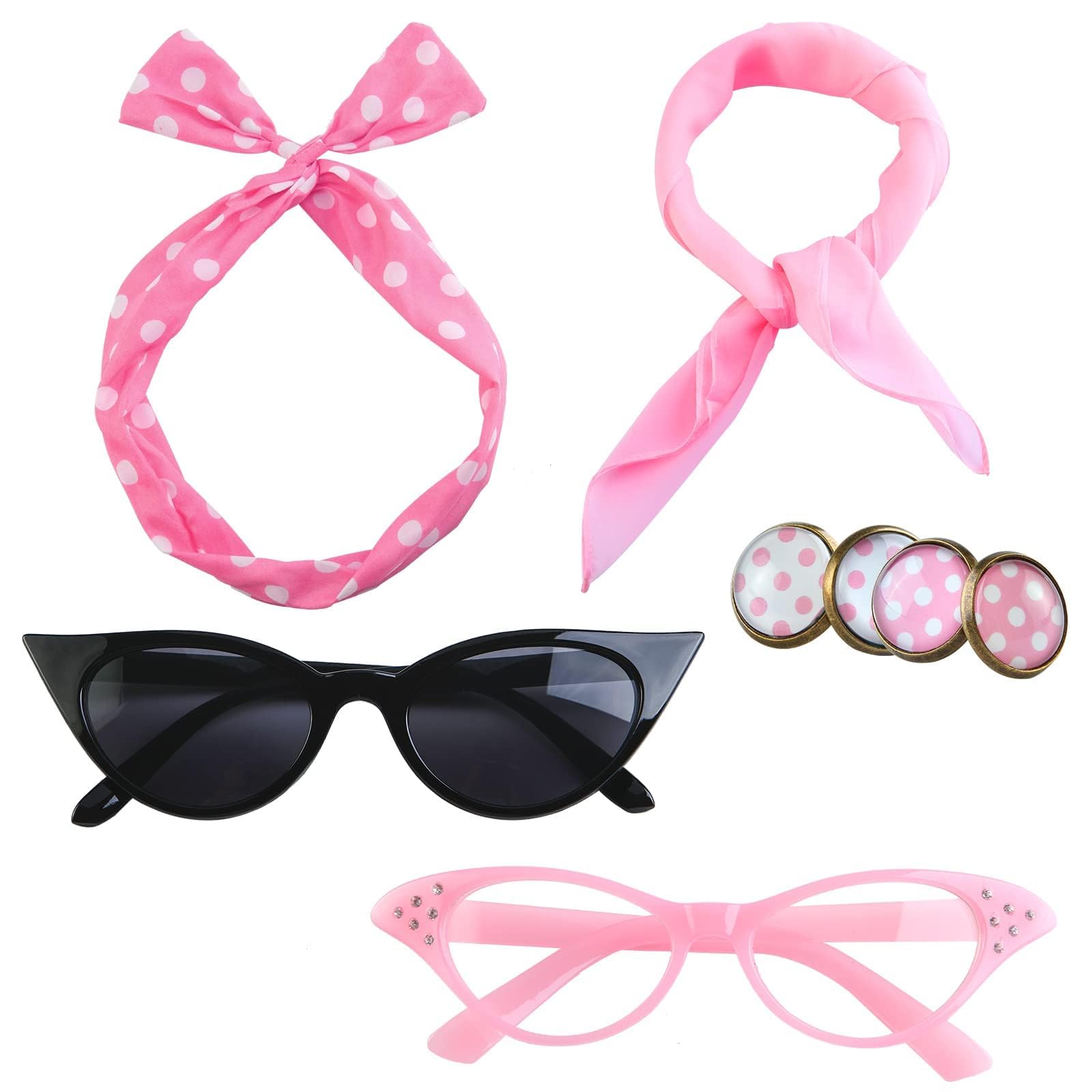 6 Pack 50s Set Chiffon Scarf Cat Eye Glasses Bandana Tie Headband Earrings