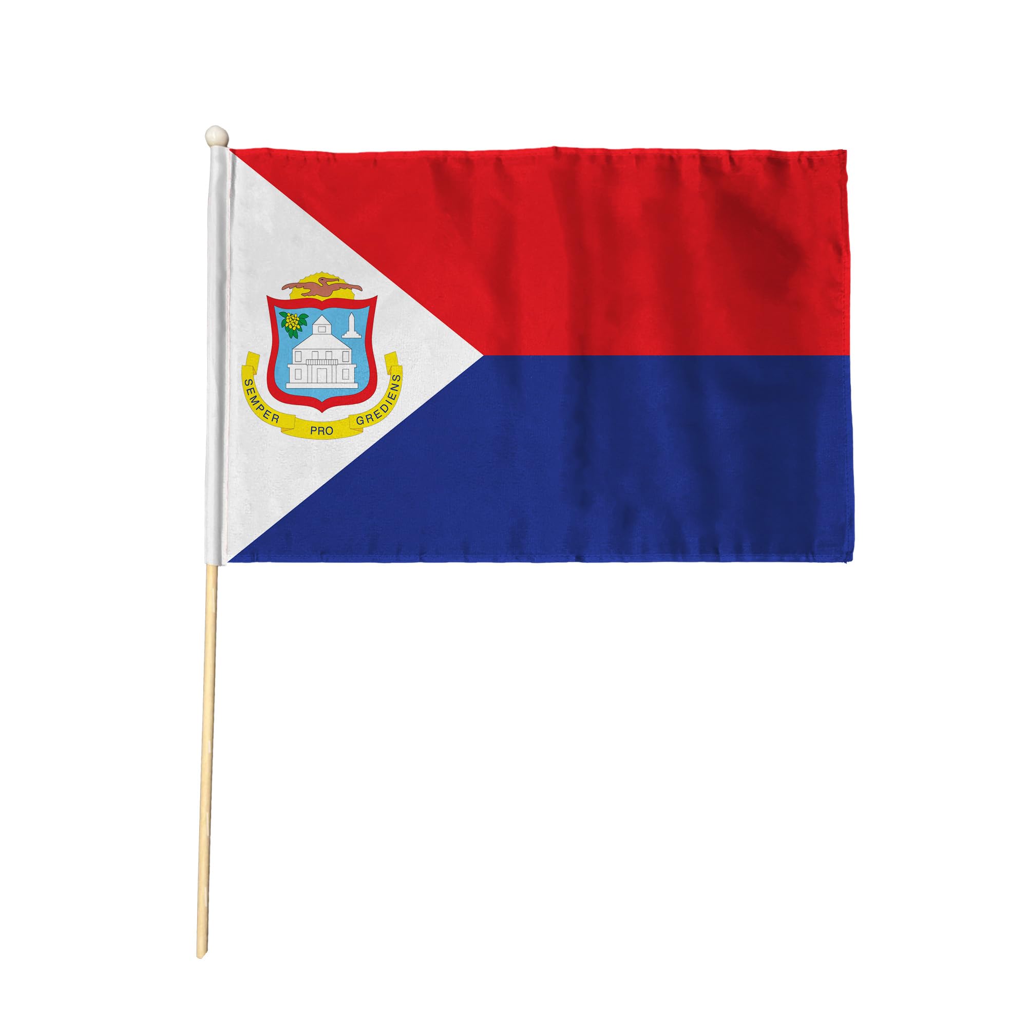 Flagtex Saint Martin Pack of 12 Hand Waving Flag (9x6 Inch) - Premium Wooden Stick Hand Flag 9x6 Inch Natural Wood Pole Caribbean French Territory Coat of Arms Flag Events Parades โ image 1